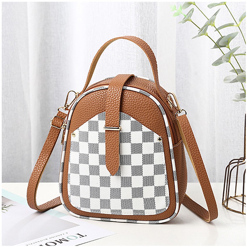 KW80829 Women's Checker Sling Bag Brown Grey Square